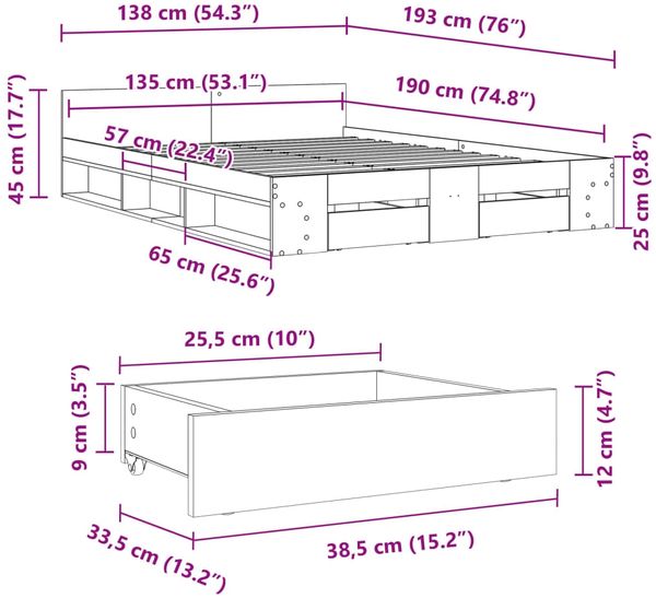 vidaXL Bettgestell mit Schubladen Grau Sonoma 135x190 cm Holzwerkstoff 3280774 Bild 10