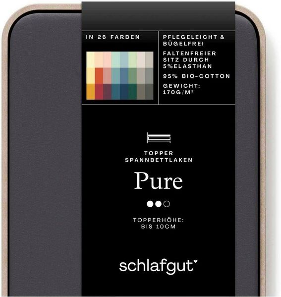 Schlafgut 'PURE TOPPER' Spannbettlaken, für Topper bis 10 cm Höhe, Gray Deep, S 90x190 cm - 100x220 cm, 95% gekämmte Bio-Baumwolle und 5% Elasthan