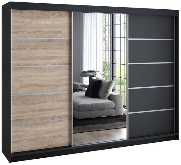A&J MöbelLand GmbH Schiebetürenschrank VILUNO mit 4 Schubladen und Spiegel (nur für kurze Zeit! TOP ANGEBOT! Geräumiger Schrank mit einer Breite von 200 cm und Spiegel, ideal zur Aufbewahrung von Kleidung und Accessoires. 4 Schubladen und viel Stauraum...