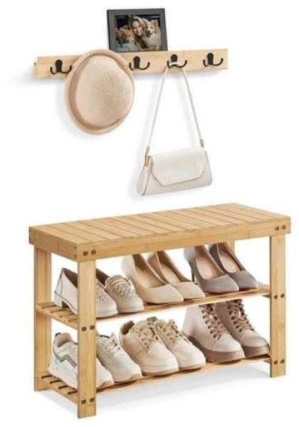 SONGMICS Schuhbank Wandgarderobe Set, Schuhregal mit Sitzfläche, multifunktional, 5 Zweifach-Metallhaken, Schuhbank mit 3 Ebenen aus Bambus, für Flur Schlafzimmer Wohnzimmer, naturbeige LCRDE004N01