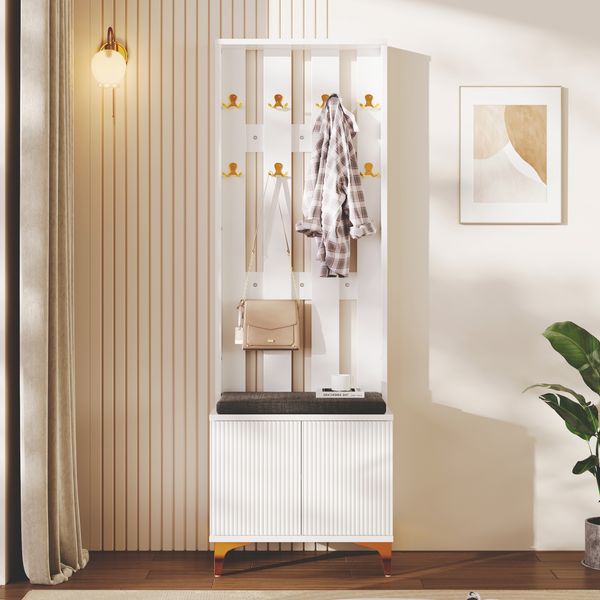 Flurschrank 60,5x35,2x180,5 cm - Elegante Garderobe mit Wellenstruktur & Goldakzenten