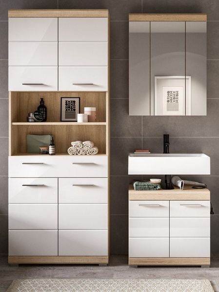 Inn. Furn Badmöbel-Set Mambo, (Badezimmer Set in Weiß Hochglanz und Eiche, 3-teilig, 149 x 191 cm), mit 4-türgem Hochschrank