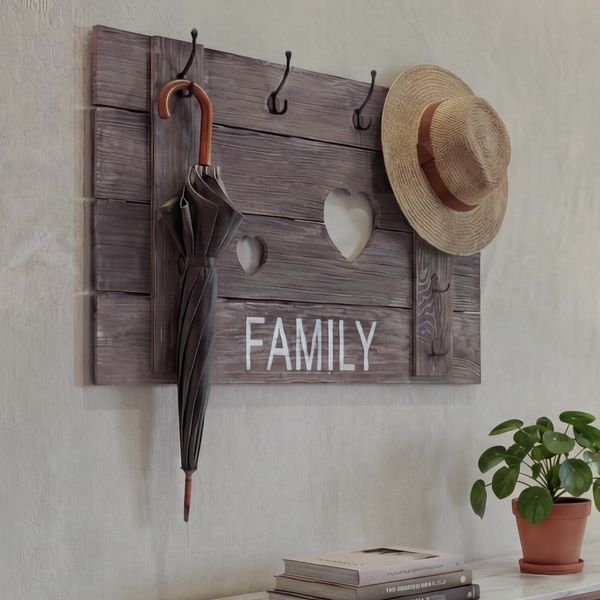 Wandgarderobe HWC-C89 Family, Garderobenpaneel Garderobe, Shabby-Look Vintage, 8 Haken 60x90cm ~ braun, shabby
