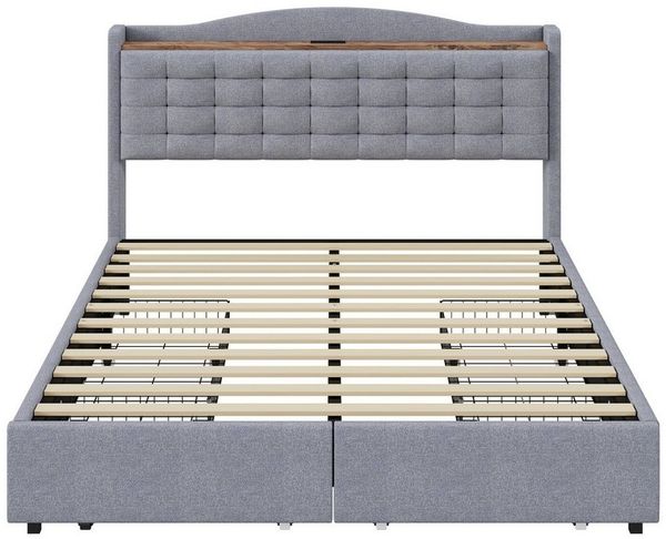 Furnishings Home Stauraumbett Polsterbett LED Doppelbett (Mit Vier extra große Schubladen), Mit Volles Kopfteil, USB-Ladeanschluss, Leinen, 140x200 cm