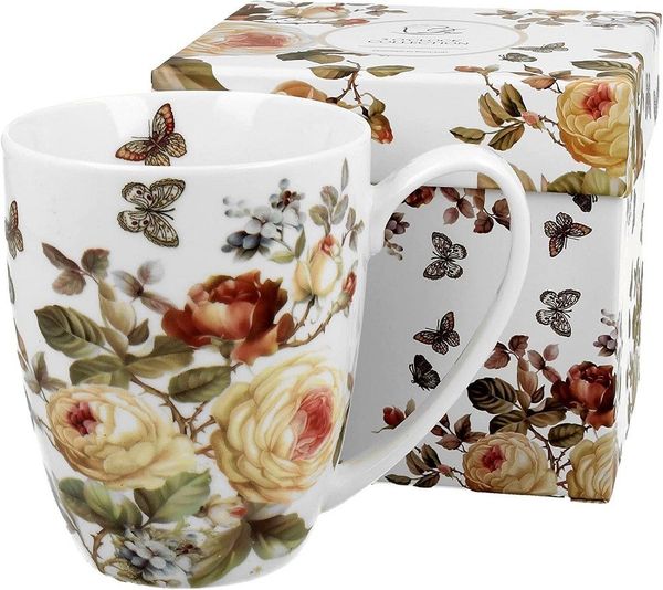 Duo-Gift Becher Porzellan Sommer, Tieren, Vogel, Blumen. Planzen Motiv, 1-tlg, Porzellan Tass ca Rosen. 350 ml Vintage Blumen Zahra Weiß Blumen, Sommer Kollektion, DUO Porzellankollektion, Suovenir, Ideal als Geschenk, Dekoration