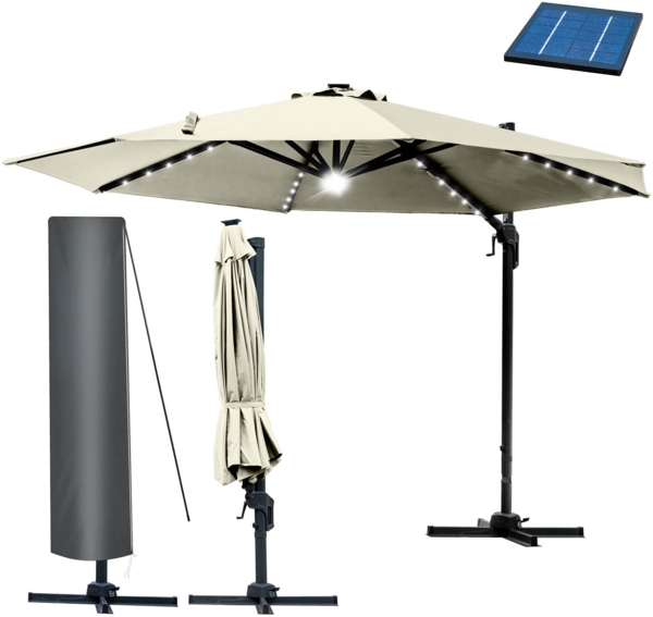 BRAST Alu Sonnenschirm Ampelschirm Ø300cm Beige + LEDs Schützhülle UV-Schutz 50+ wasserabweisend drehbar & höhenverstellbar