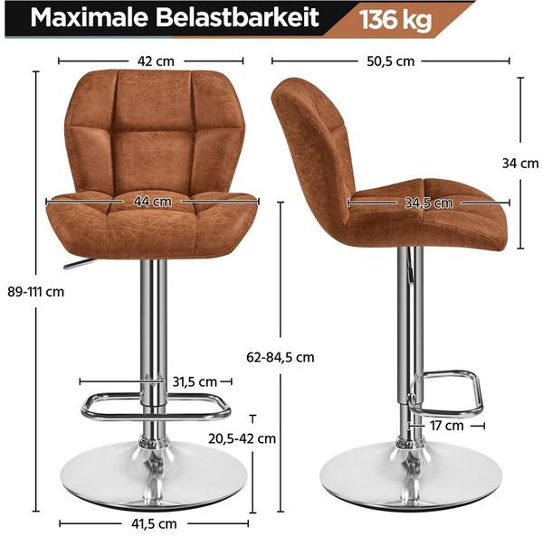 Yaheetech Barhocker 360° Drehbare Hocker mit Fußstütze (4 St), 1/2/4/6er-Set Barstühle Küchenstühle Bistrohocker höhenverstellbar Bild 4
