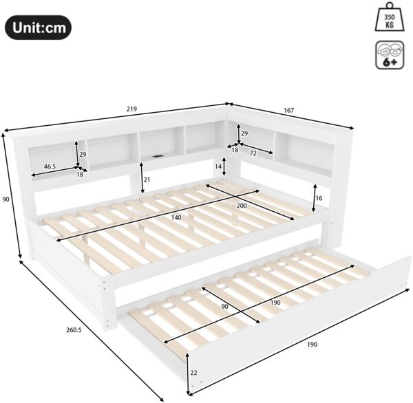 Merax Daybett, 140 x 200 cm, Doppelbett Schlafsofa, Tagesbett mit ausziehbarem Bett, Mit Steckdose und 2 USB-Anschlüssen, (ohne Matratze), Spanplatte, Weiß Bild 4