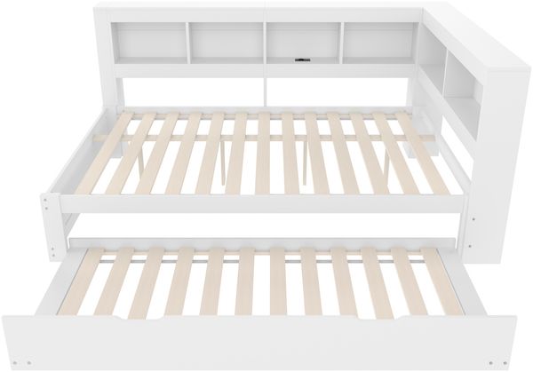 Merax Daybett, 140 x 200 cm, Doppelbett Schlafsofa, Tagesbett mit ausziehbarem Bett, Mit Steckdose und 2 USB-Anschlüssen, (ohne Matratze), Spanplatte, Weiß Bild 8