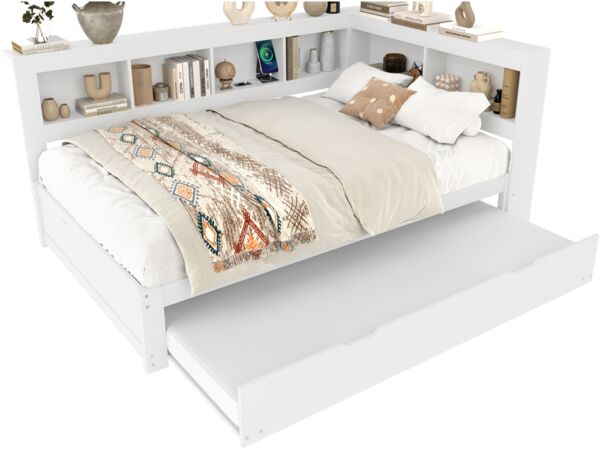 Merax Daybett, 140 x 200 cm, Doppelbett Schlafsofa, Tagesbett mit ausziehbarem Bett, Mit Steckdose und 2 USB-Anschlüssen, (ohne Matratze), Spanplatte, Weiß Bild 10