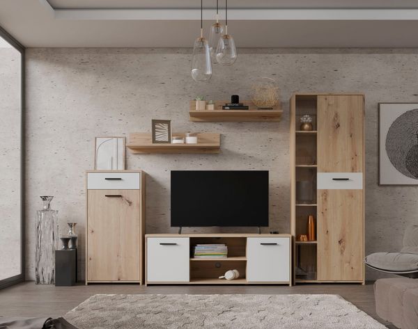 FORTE Wohnwand Pablo, (5-St), Wohnwand 5teilig, Stauraum, Funktionalität, Artisan Eiche/Weiss