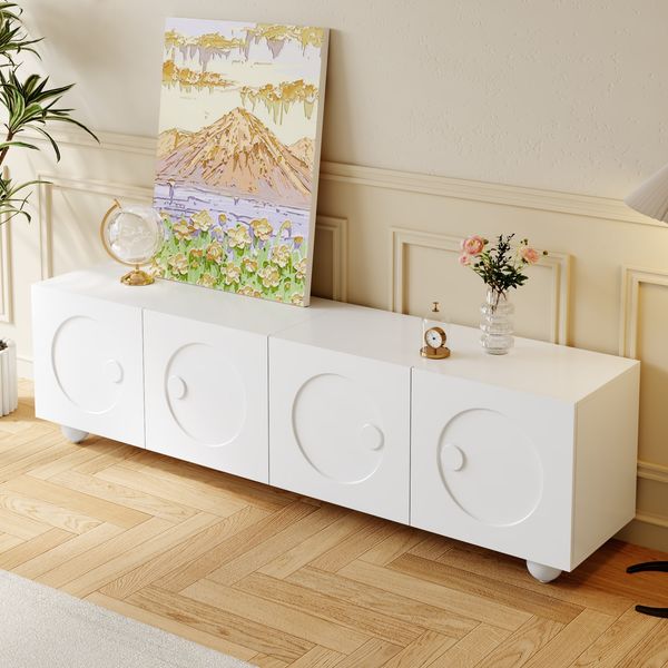 TV-Schrank 180,5 x 38 x 50 cm in Weiß, mit 3D-Rundrelief-Türen und viel Stauraum