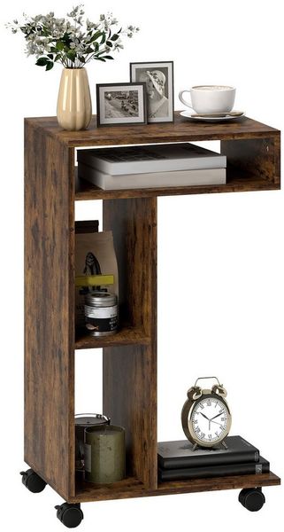 HOMCOM Beistelltisch C-Form Nachttisch mit 4 Regalen, Rollen, Couchtisch, Wohnzimmertisch Laptoptisch für Wohnzimmer Schlafzimmer 40 x 30 x 69 cm Rustikal-Braun