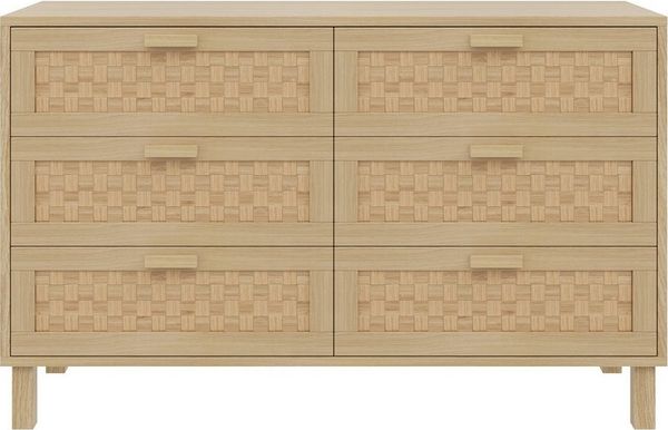 KLAM HOME Sideboard Elegantes Sideboard und Kommode aus Naturholz mit 6 Schubladen (Schlafzimmerschrank mit viel Stauraum, 120 ×75 ×40 cm), Schubladen in Rattanoptik, Schließfächer für Wohn- und Esszimmer