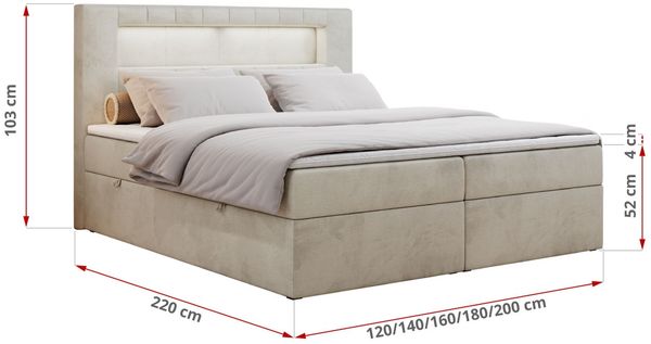 Boxspringbett - Polsterbett mit LED Kopfteil - GOLD-5 - 180x200cm - Beige Velours - H4 Bild 5
