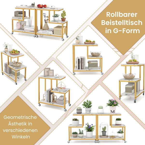 Beistelltisch mit Rollen 3-stöckiger Sofatisch Marmor Optik Kaffeetisch Kleiner Couchtisch