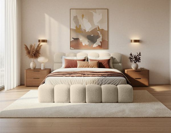 yourhouse24 Polsterbett Boston Slim Bouclé kompaktes Wolkenbett mit Bettkasten, Bubble-Optik & Japandi