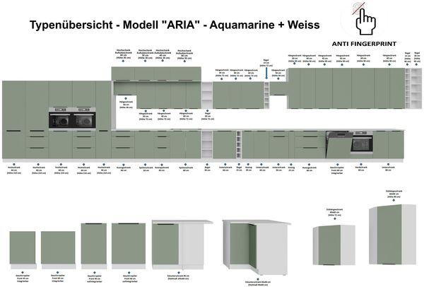 Küchen Hängeschrank 45 cm ARIA Aquamarin ultra matt + Weiss matt, hochwertige Fronten mit Anti Fingerprint Beschichtung Küchenzeile Küchenblock Bild 5