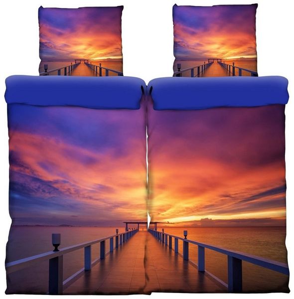 One Home Bettwäsche Steg, Mikrofaser, 4 teilig, Strand und Sonnenuntergang