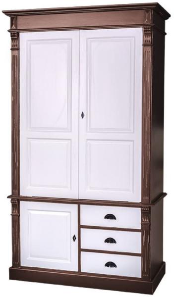 Casa Padrino Landhausstil Kleiderschrank Antik Braun / Weiß 120 x 59 x H. 210 cm - Massivholz Schlafzimmerschrank mit 3 Türen und 3 Schubladen - Landhausstil Schlafzimmermöbel