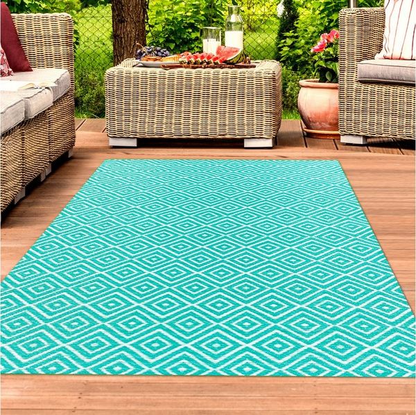 TeppichHome24 Outdoorteppich Kunststoff-Teppich mit Rautenmuster, Outdoorteppich in petrol, Rechteckig, Höhe: 5 mm