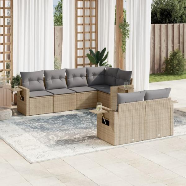 vidaXL 7-tlg. Garten-Sofagarnitur mit Kissen Beige Poly Rattan 3220408
