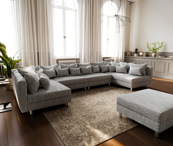 Wohnlandschaft Clovis XL Hellgrau Strukturstoff Modulsofa Hocker