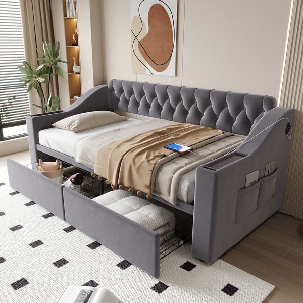 Polsterbett Schlafsofa 90*190 cm, Breitere und Dickere Armlehnen mit USB-Ladeanschluss, Integrierte Ablage in den Armlehnen, Mit Ablagetaschen, Mit Aufbewahrungsschublade, Samtstoff, Dunkelgrau