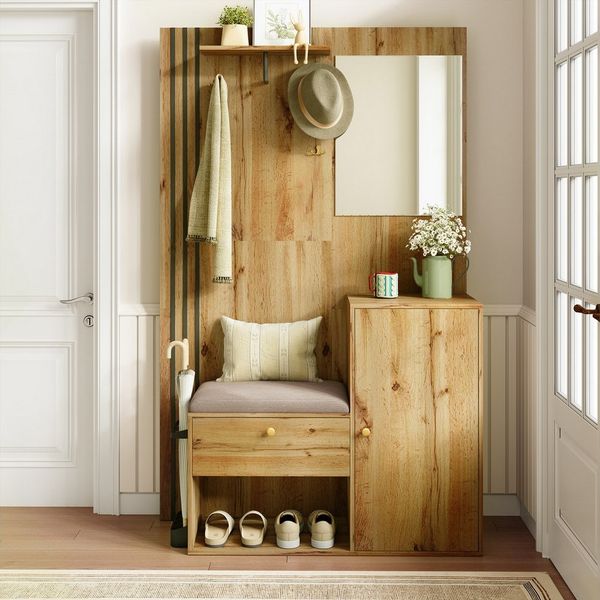 Merax Garderoben-Set Kompaktgarderobe mit Spiegel, Sitzkissen & schwarzer Zierleiste, (Flur-Garderobenset Eingangsbereich-Schrank Flurschrank, 1-St, 115x185x37 cm), mit Soft-Close-Türen, verstellbaren Regalen, Schirmablage & Kippschutz
