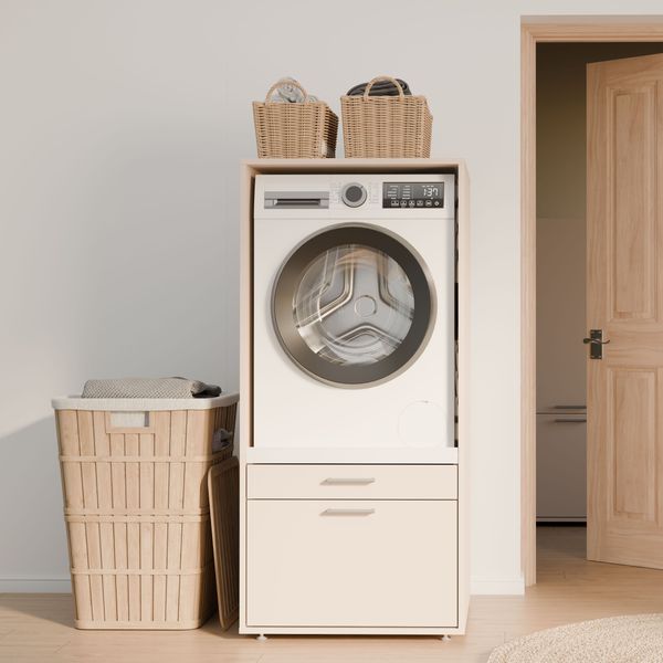 Forte WASHCAB Waschschrank 60 70, moderner Schrank zur Aufbewahrung von Waschmaschine oder Trockner, 2 Schubladen, Badezimmer, Kaschmir Beige, 66,8 cm breit x 142,4 cm hoch x 67,5 cm tief