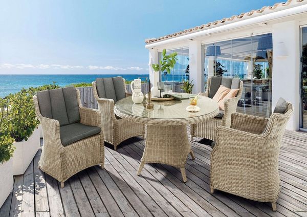 Destiny Garten-Essgruppe LUNA, (Set, 13-tlg, 4 Sessel, Tisch Ø 100x75cm, Auflagen), Aluminium, Polyrattan
