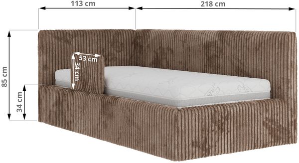 Kinderbett, Polsterbett 90x200 TILVO ALTA mit Rausfallschutz & Bettkasten, Gasdruckfeder-Lift, inkl. Lattenrost, Matratze wählbar - Braun Cord - Rechts Seite Bild 7
