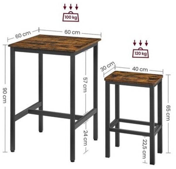 Vasagle Bartisch mit Barhocker-Set, Esstisch mit 2 Stühlen, Küchentisch klein 60 x 60 x 90 cm, Barstühle je 30 x 40 x 65 cm, für Esszimmer, Küche, Industrie-Design, vintagebraun-schwarz Bild 4