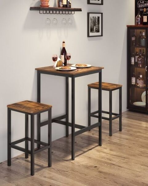 Vasagle Bartisch mit Barhocker-Set, Esstisch mit 2 Stühlen, Küchentisch klein 60 x 60 x 90 cm, Barstühle je 30 x 40 x 65 cm, für Esszimmer, Küche, Industrie-Design, vintagebraun-schwarz