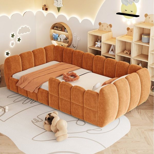 Flieks Polsterbett, Kinderbett Bodenbett 90x200 cm Samtbezug, abgerundete Ecken
