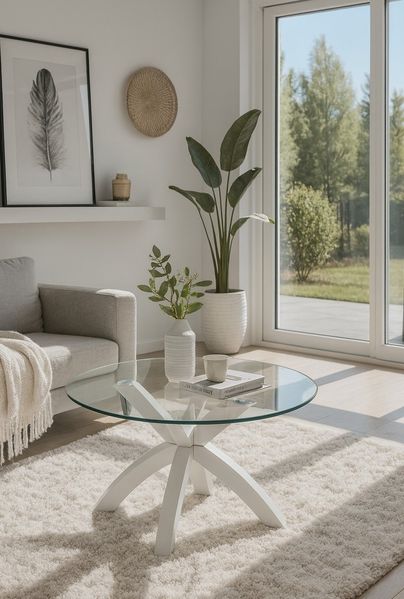 Moderner Couchtisch Ø80 cm – Eiche massiv weiß & runde Glasplatte