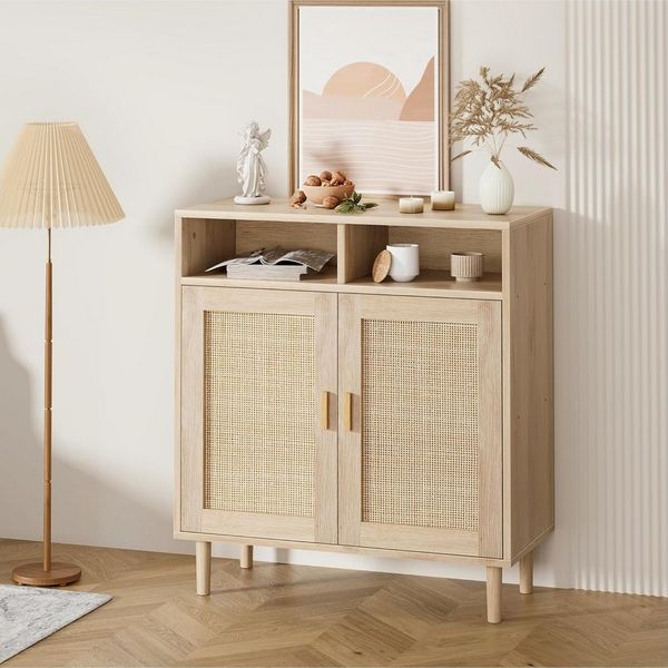 GarveeMore Beistellschrank Buffet Aufbewahrungsschrank Rattan Küchenschrank mit 2 Türen