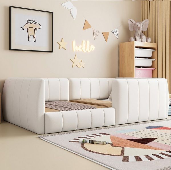 Flieks Polsterbett, Daybett Kinderbett Bodenbett 90x200cm mit Sicherheitsgeländer