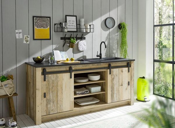 Home affaire Spülenschrank Sherwood Breite 201 cm, mit Scheunentorbeschlag aus Metall