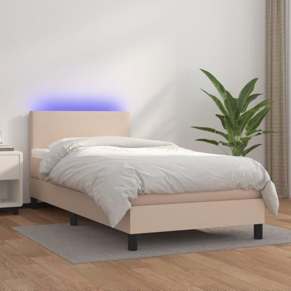 vidaXL Boxspringbett mit Matratze & LED Kunstleder Braun 90 x 200 cm, Härtegrad: H2 [3134086]