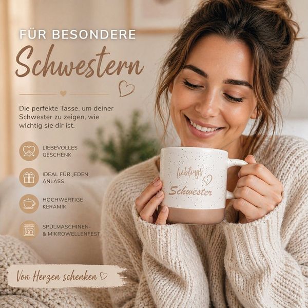 Camolo Tasse Kaffeetasse Lieblings Schwester aus Steingut - 360 ml Geschenk, Keramik