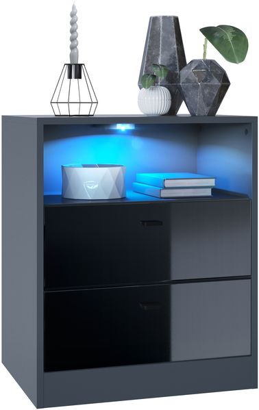 Vladon Kommode Pino V1, Nachttisch mit 2 Schubladen & 1 offenem Fach, Anthrazit matt/Schwarz Hochglanz mit LED RGB (56 x 67,5 x 36 cm)