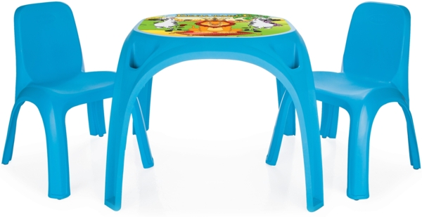 Stabile Kindersitzgruppe blau, 1x großer Tischöberfläche, Tiermotive und 2xKinderstühle