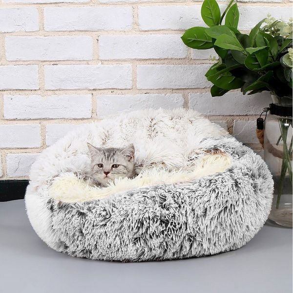 CALIYO Tierbett Flauschiges Katzenbett, rund, weiches Plüsch, Höhle mit Kapuze, Kunstpelz, Rutsch- und wasserdichte Unterseite