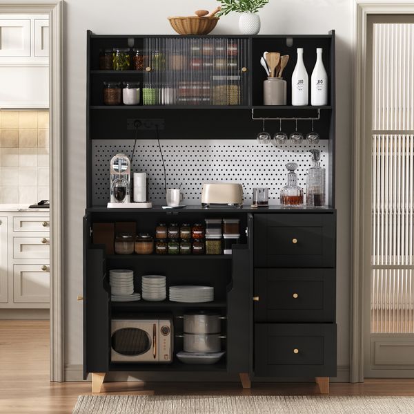 Hochschrank mit Glashalter & USB-Anschluss, 120 x 40 x 184 cm, Schwarz