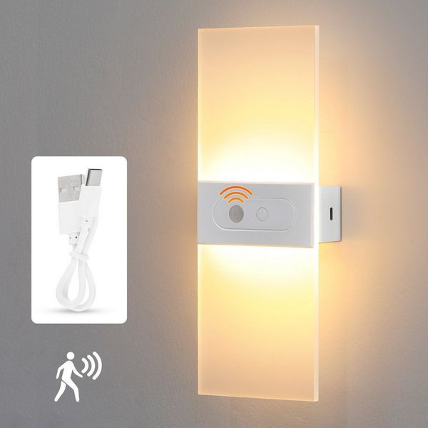 oyajia LED Wandleuchte LED Wandleuchte mit Bewegungsmelder, 2200mAh Akku USB Treppenlicht, Warmweiß, Innenbeleuchtung Nachtlicht, USB Aufladbare Acryl Wandbeleuchtung 27cm