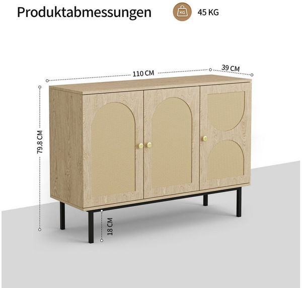 FiveWillowise Sideboard Rattan Anrichte Sideboard, Küchenschrank & Buffetschrank mit 3 Türen (1 St), Kommode mit Verstellbaren Ablagen – Aufbewahrungsschrank