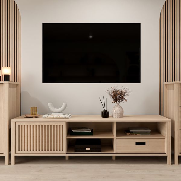 Forte JYTANA TV-Schrank 170 180, skandinavisches Low-Board mit Stauraumfach und Schublade, Riva Eiche Holzdekor, 174,8 cm breit x 49,9 cm hoch x 40,2 cm tief