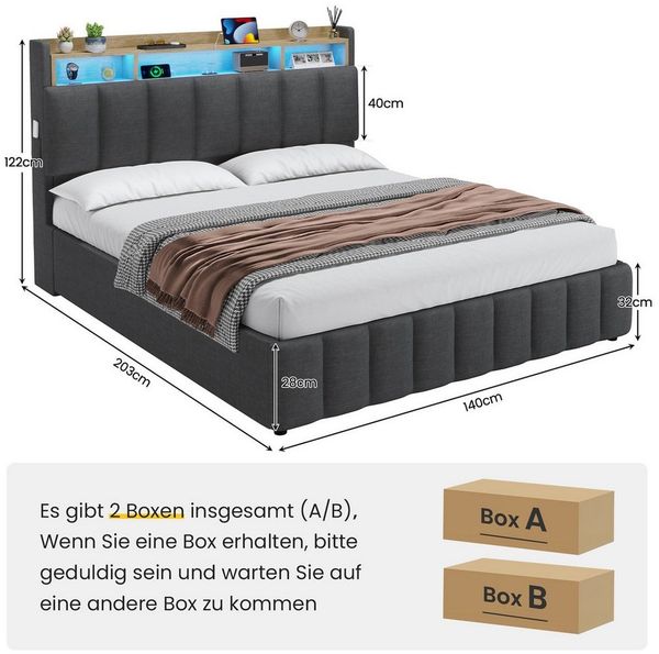 KIMENICH Polsterbett mit LED Beleuchtung und Ladefunktion (1-tlg, Ohne Matratze), Jugendbett Hydraulisches Stauraumbett, 140x190 cm