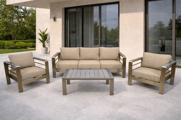 DEGAMO Loungeset CANNES, Armlehnen grau, (2x Sessel, 1x Sofa 207cm, 1x Tisch 106x60 cm), Aluminium gebürstet, Kunstholz grau, wetterfest